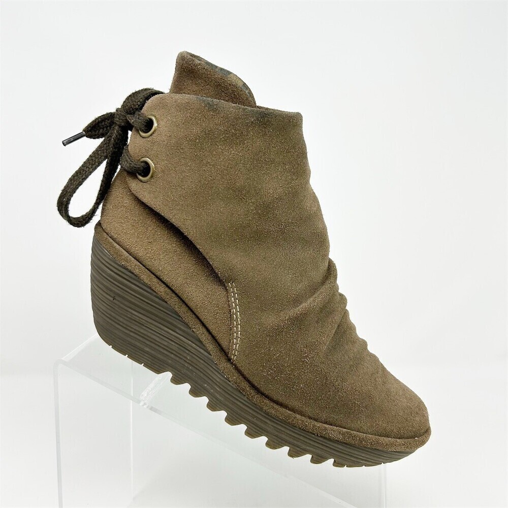 FLY London Yama Wedge Ankle Bootie Womens Brown Back Lace Up Round Toe 38